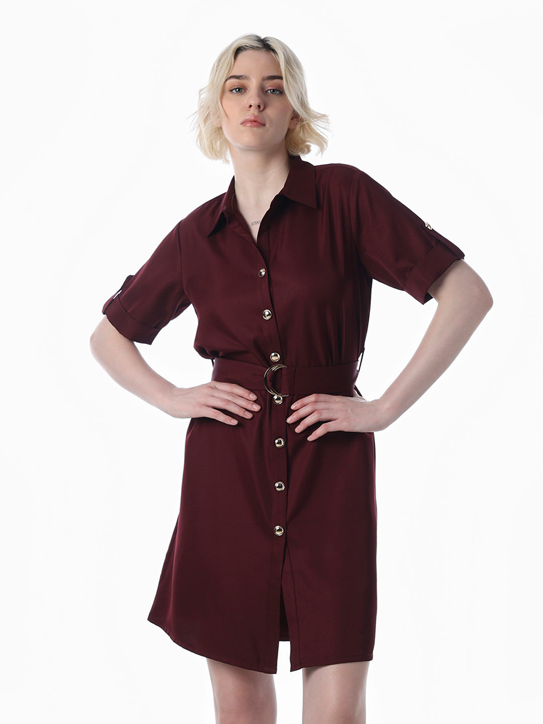 Maroon Belted Shirt Dress