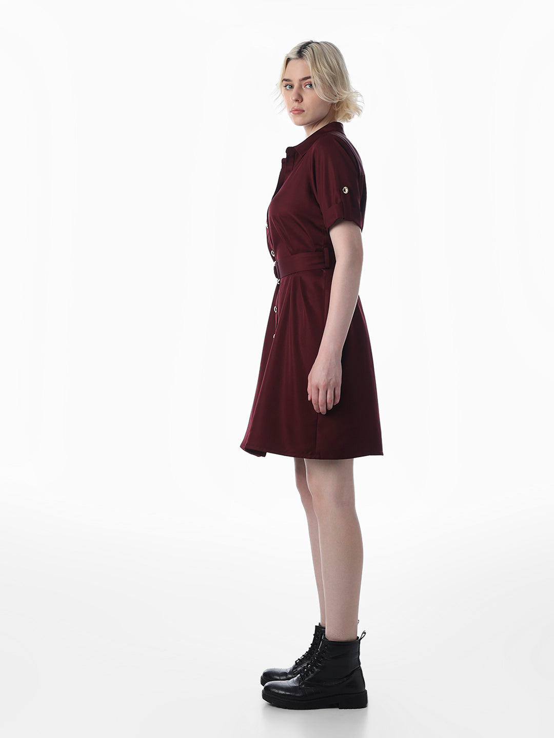 Maroon Belted Shirt Dress