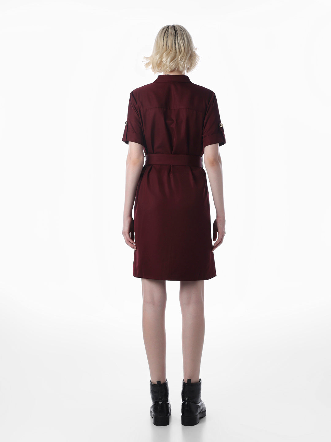 Maroon Belted Shirt Dress