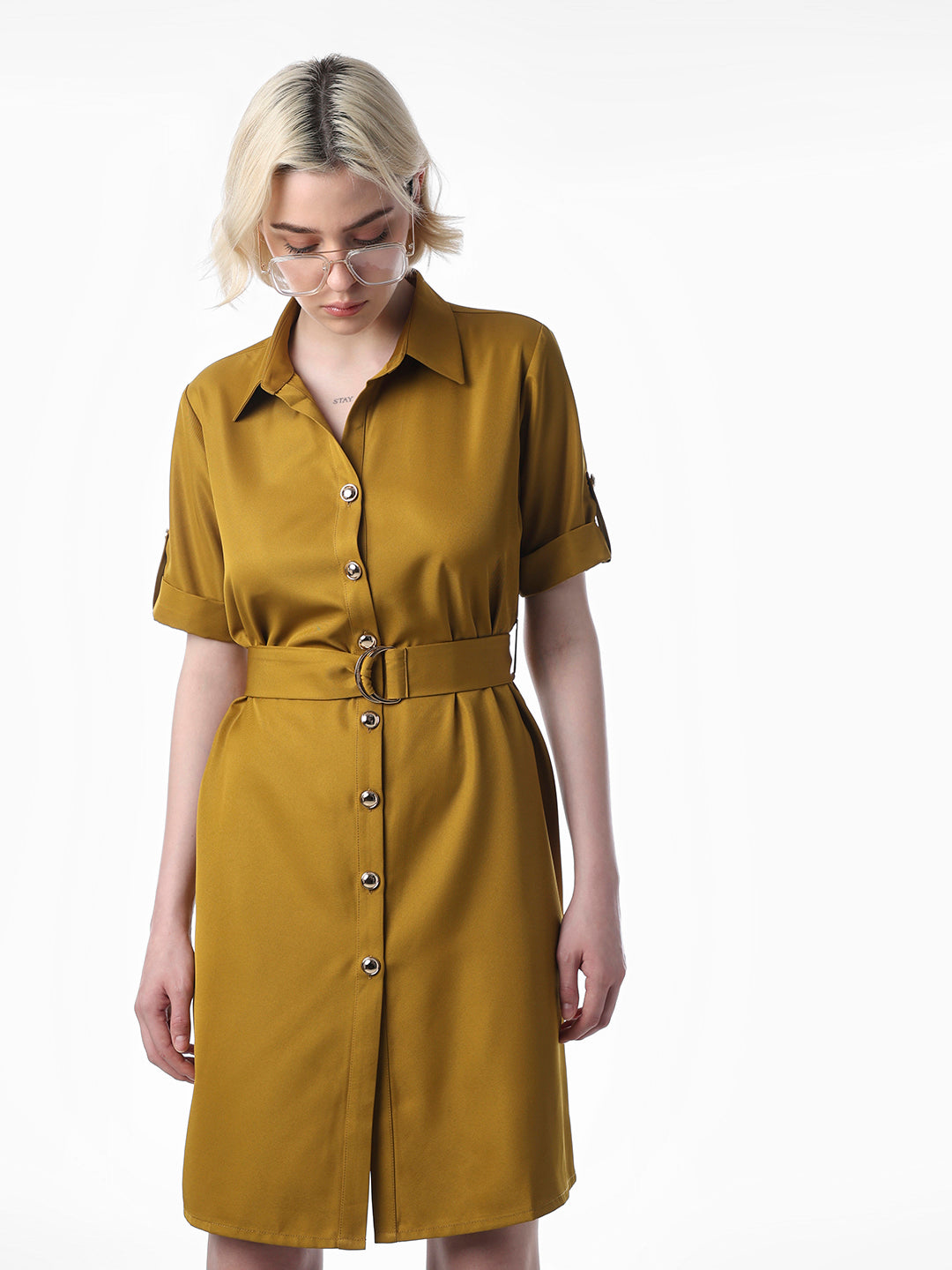 Mustard Belted Shirt Dress