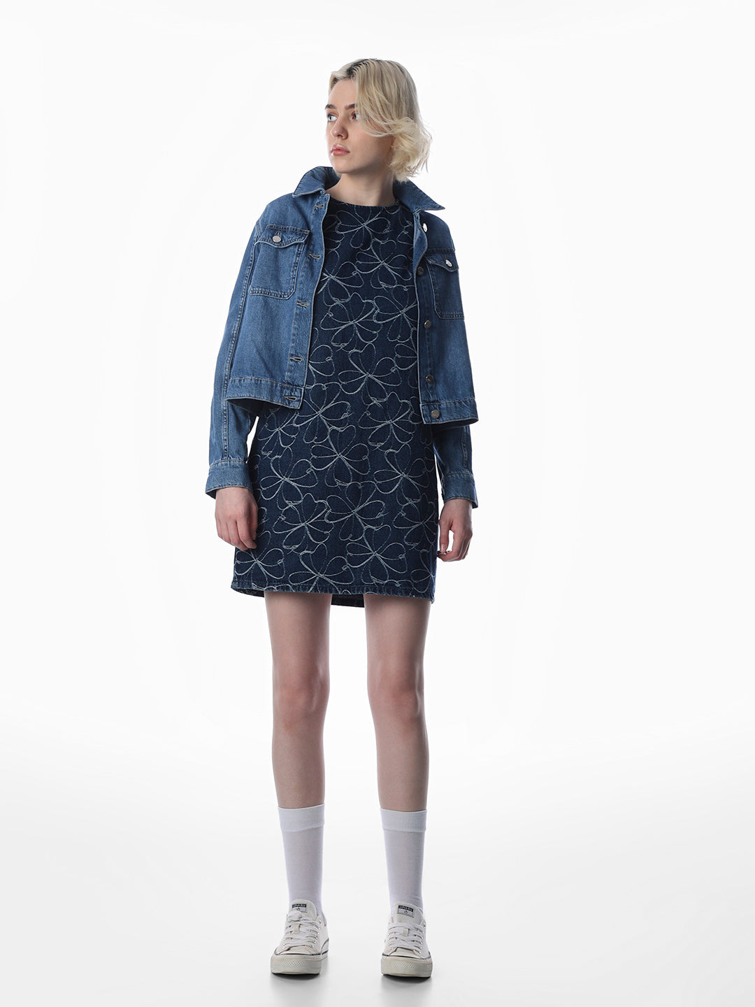 Blue Jacquard Floral Denim Dress