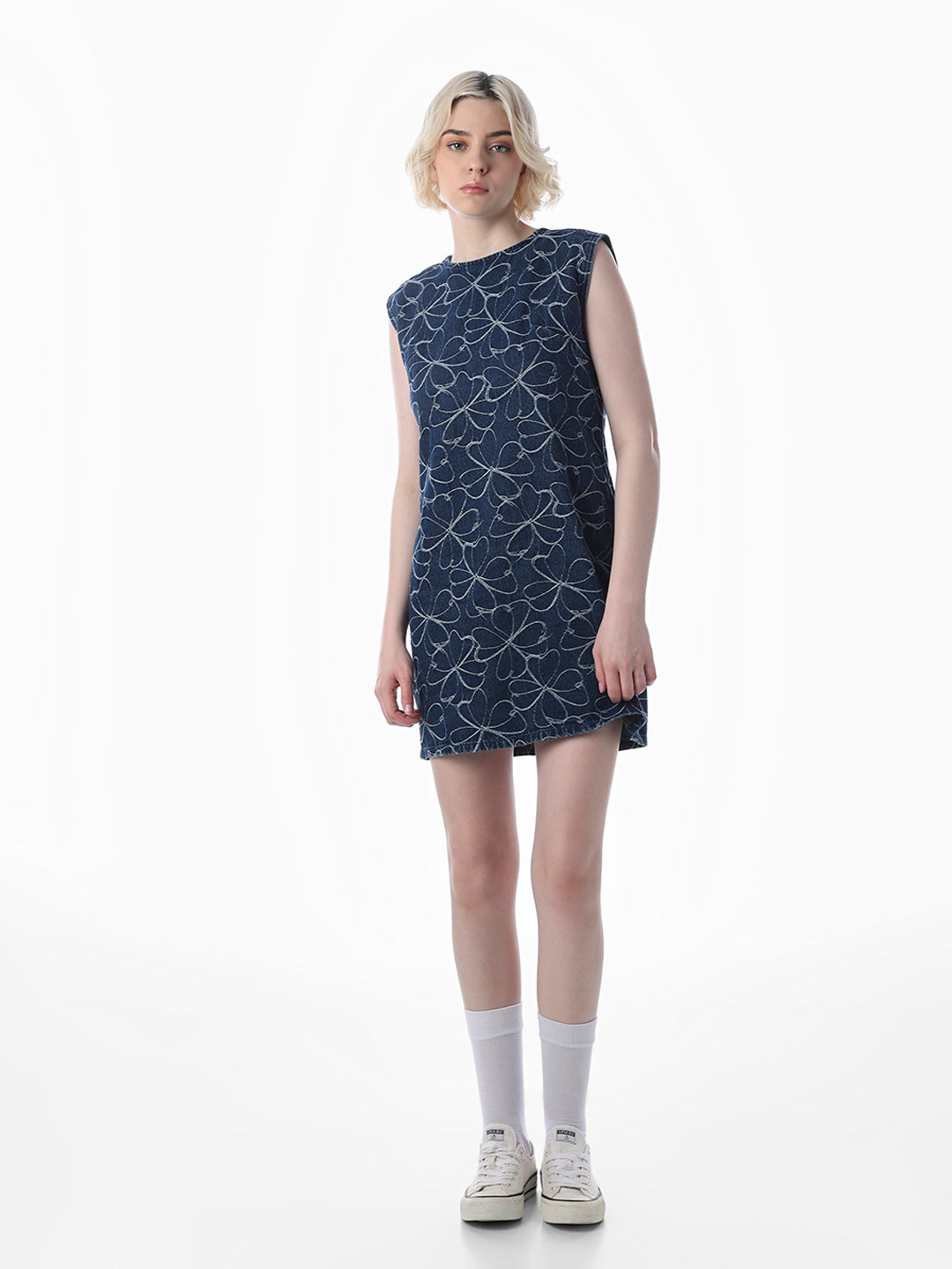 Blue Jacquard Floral Denim Dress