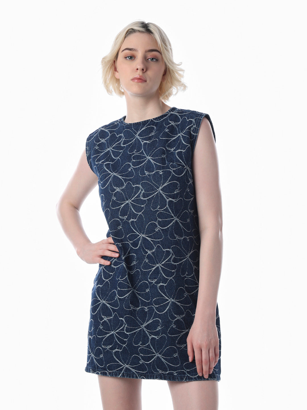 Blue Jacquard Floral Denim Dress