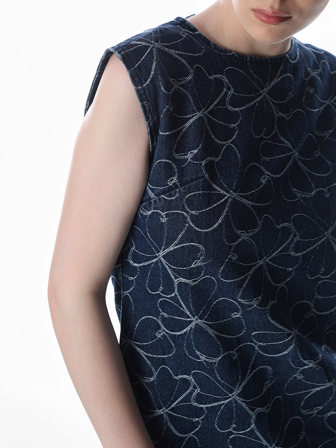 Blue Jacquard Floral Denim Dress