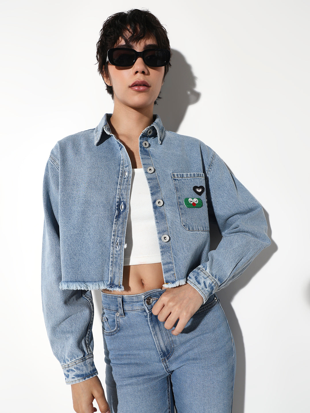 Blue Cropped Denim Shirt