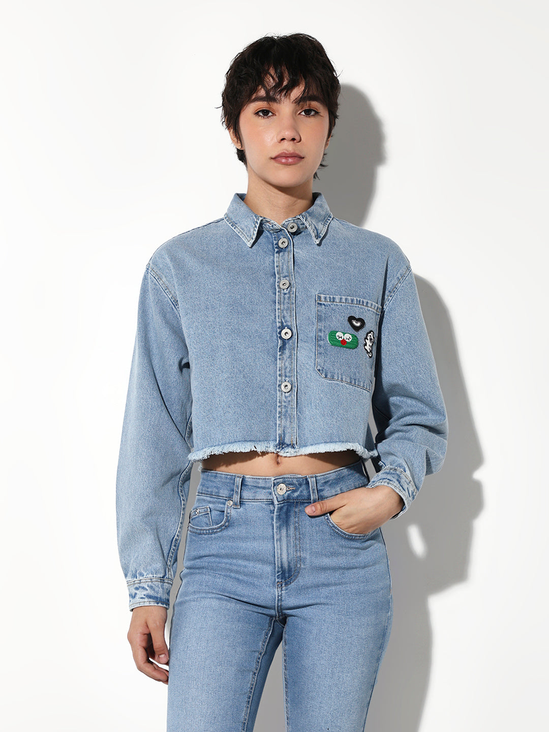 Blue Cropped Denim Shirt