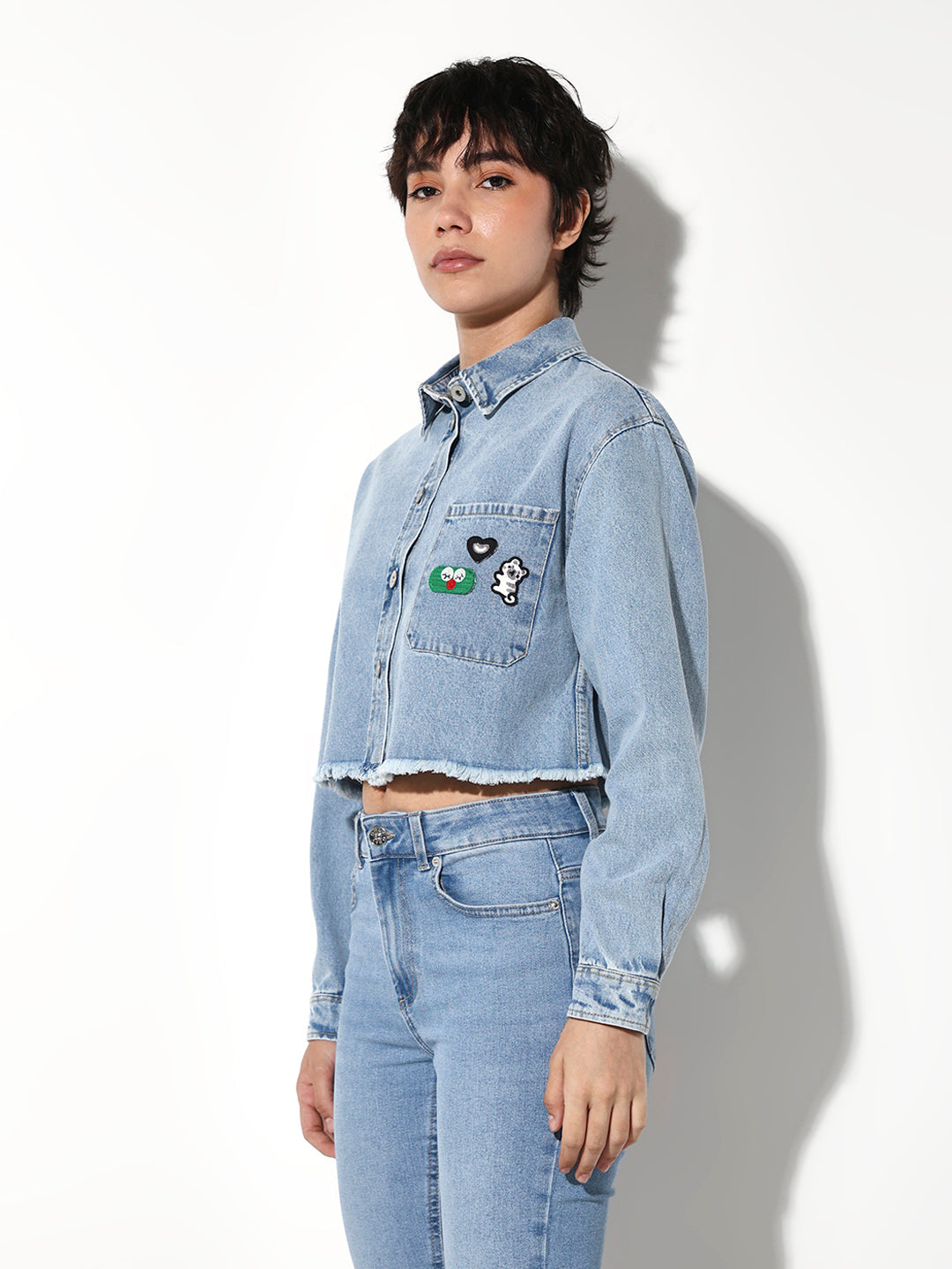 Blue Cropped Denim Shirt