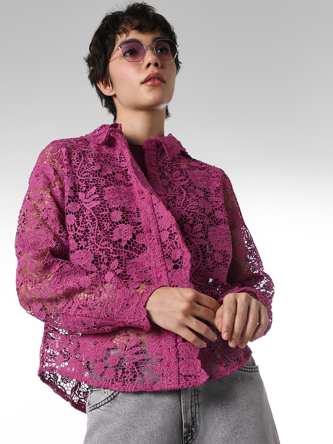 トップス CLANE EMBROIDERY LACE BOX SHIRTS Purple Floral Lace Shirt