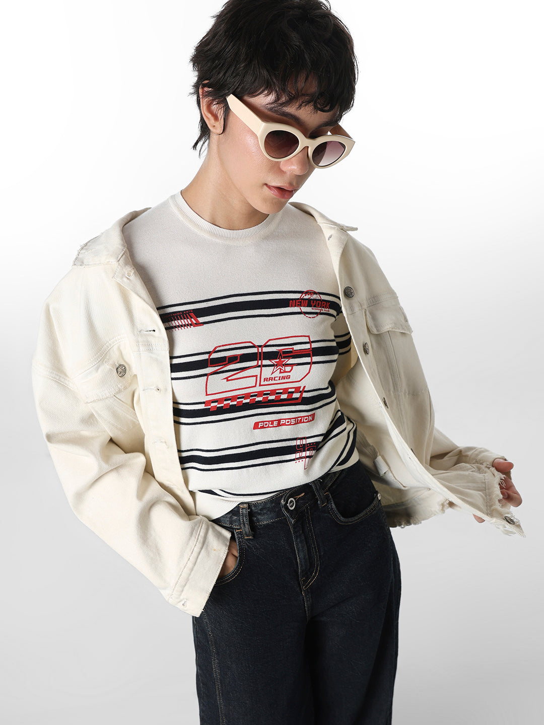 White Striped Fitted Knit T-shirt