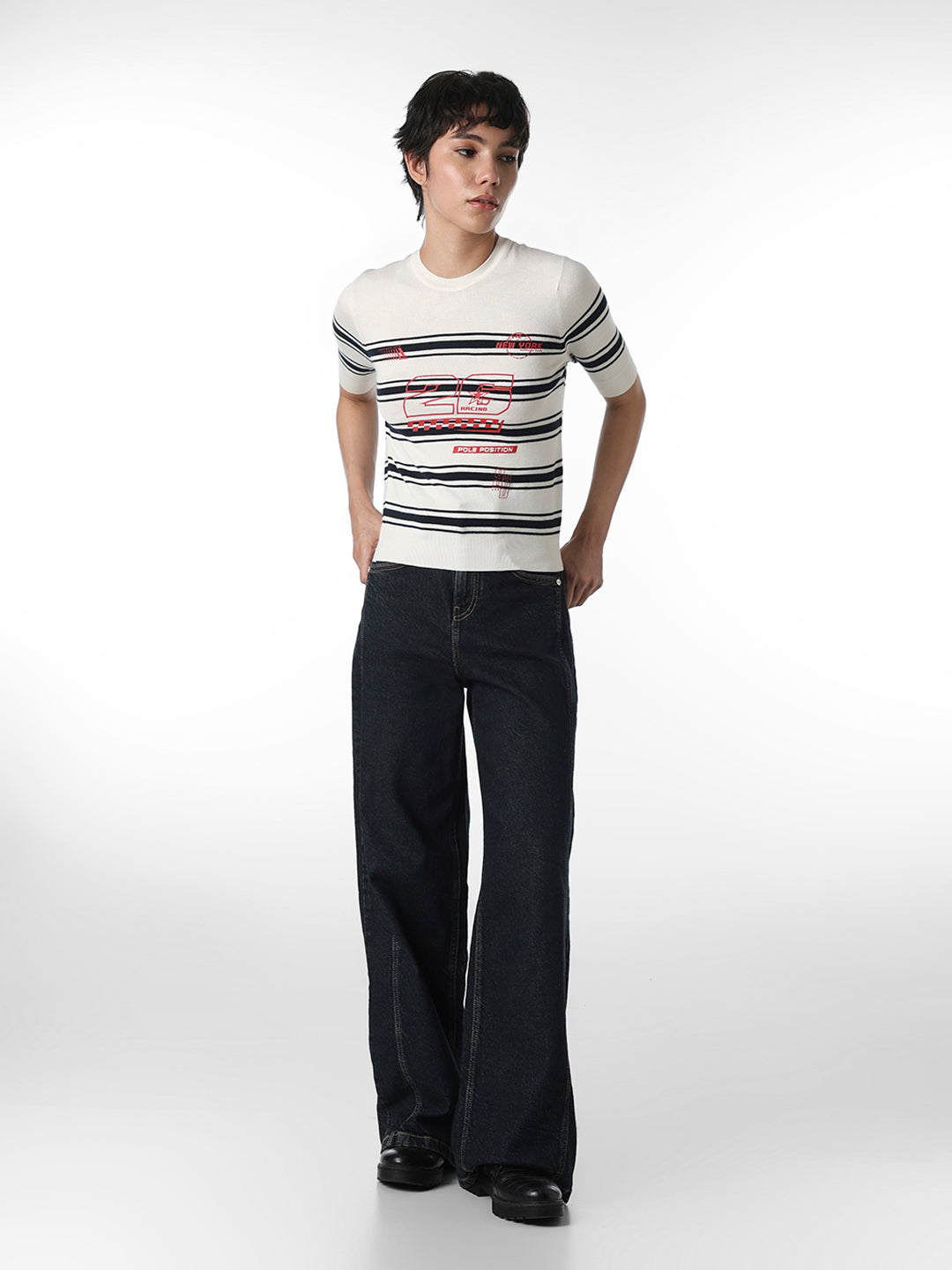 White Striped Fitted Knit T-shirt