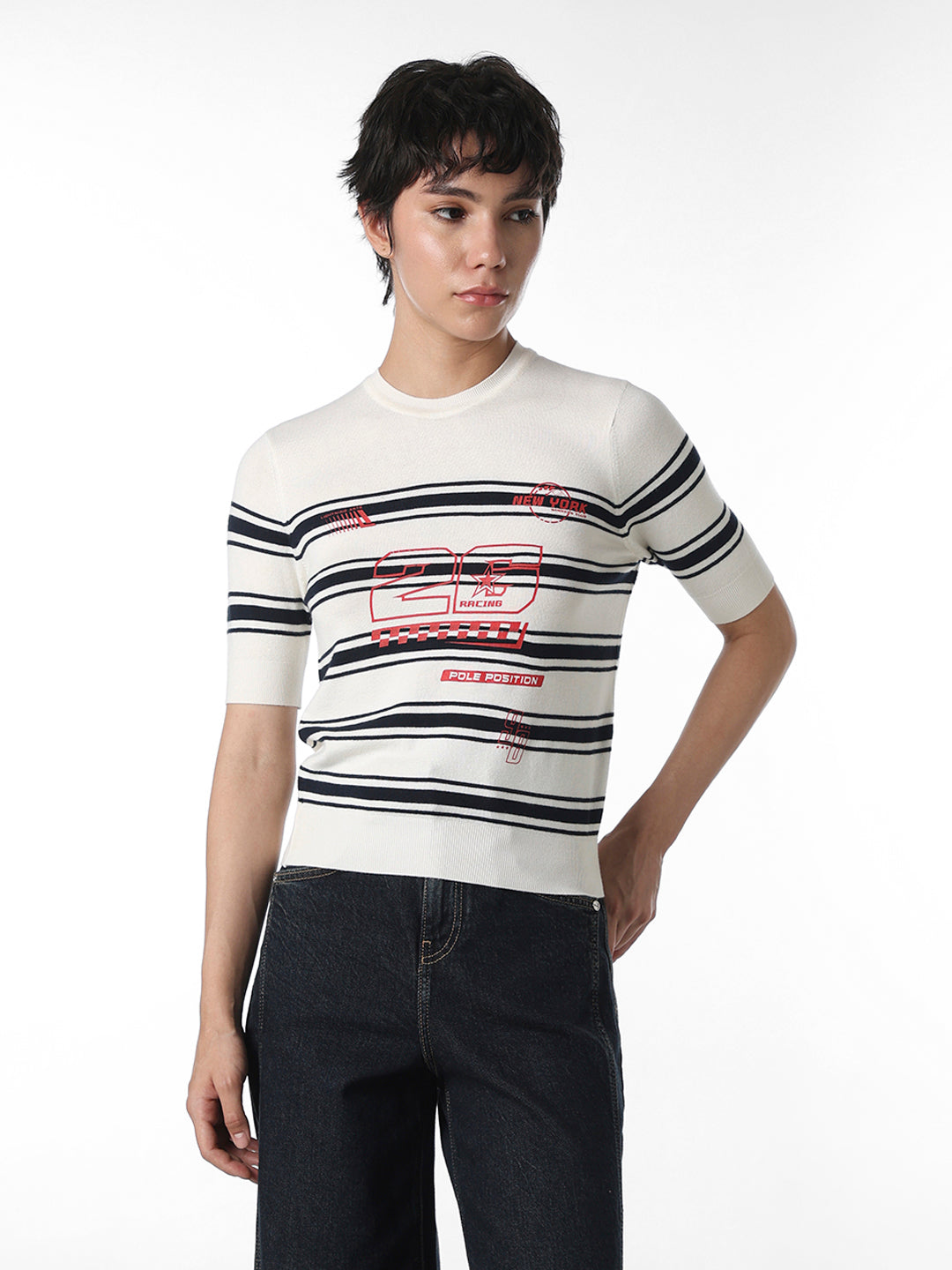 White Striped Fitted Knit T-shirt