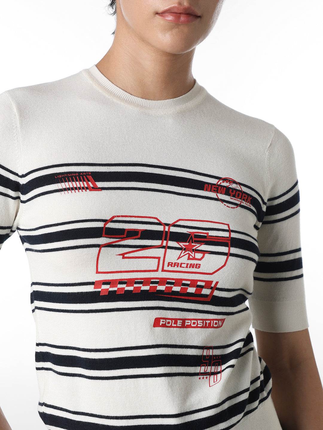 White Striped Fitted Knit T-shirt