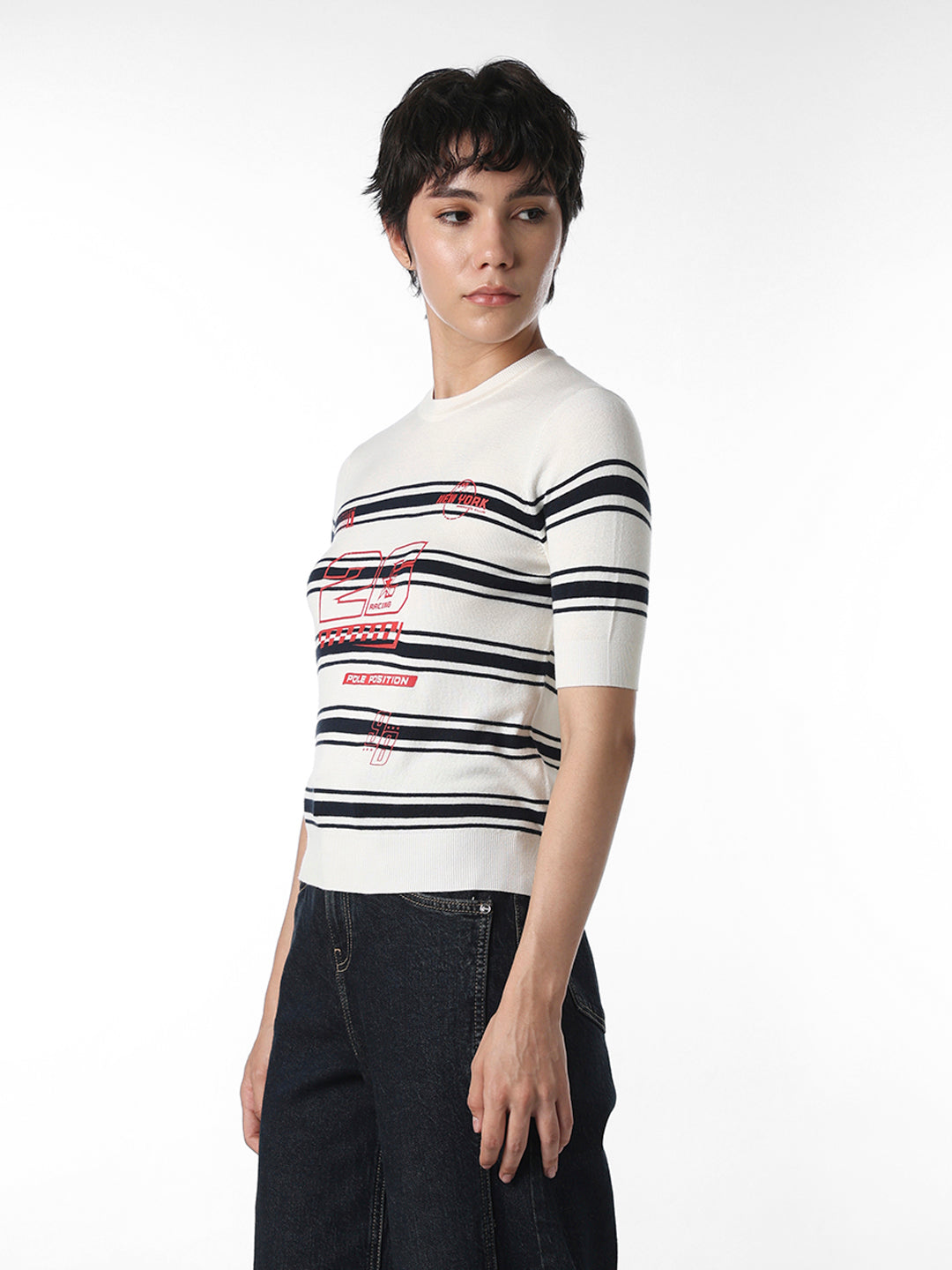 White Striped Fitted Knit T-shirt