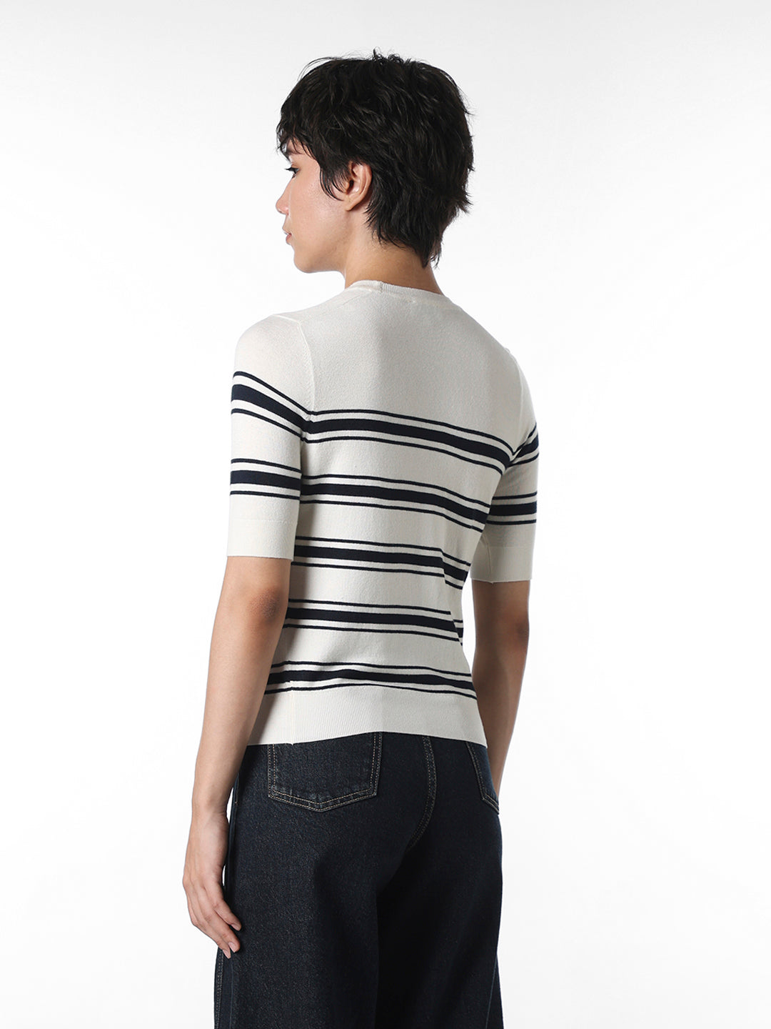 White Striped Fitted Knit T-shirt