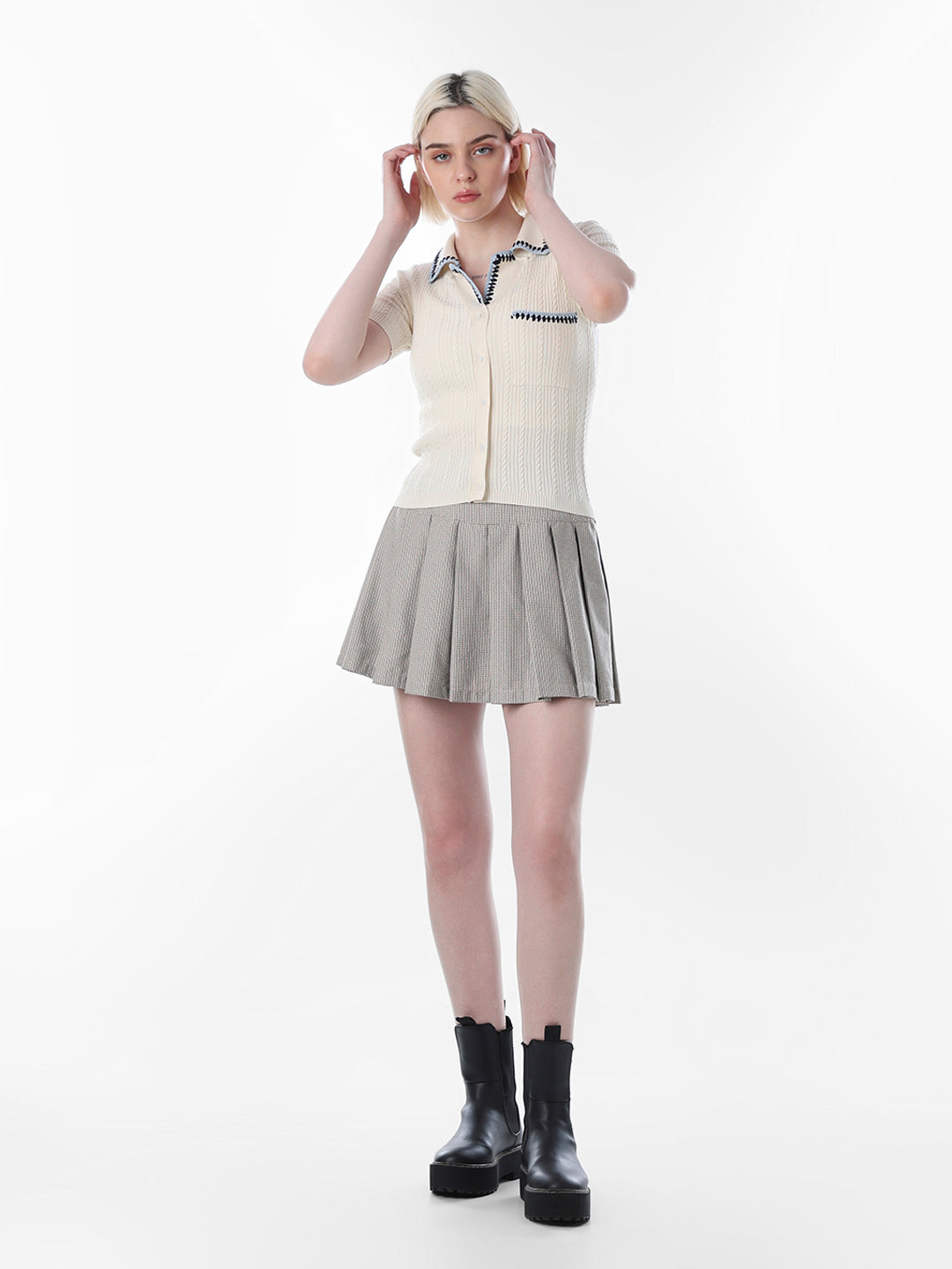 Cream Fitted Crop Knit Polo