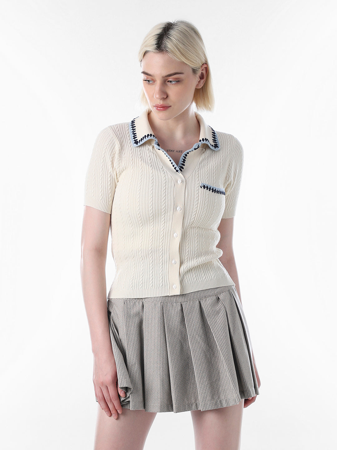 Cream Fitted Crop Knit Polo