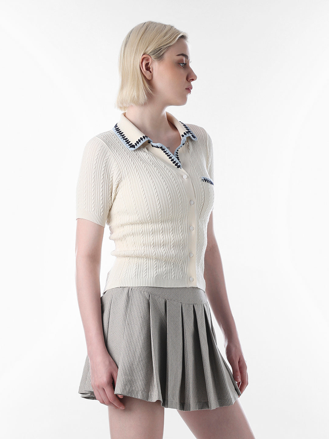 Cream Fitted Crop Knit Polo
