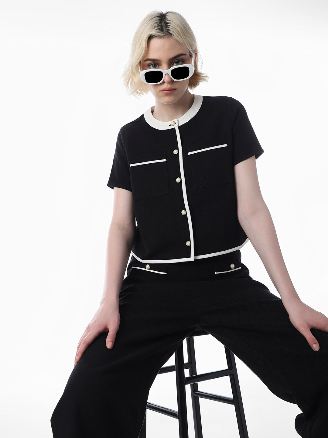 トップス Twiggy tweed ribbon set tops black Black Tweed Cotton Top