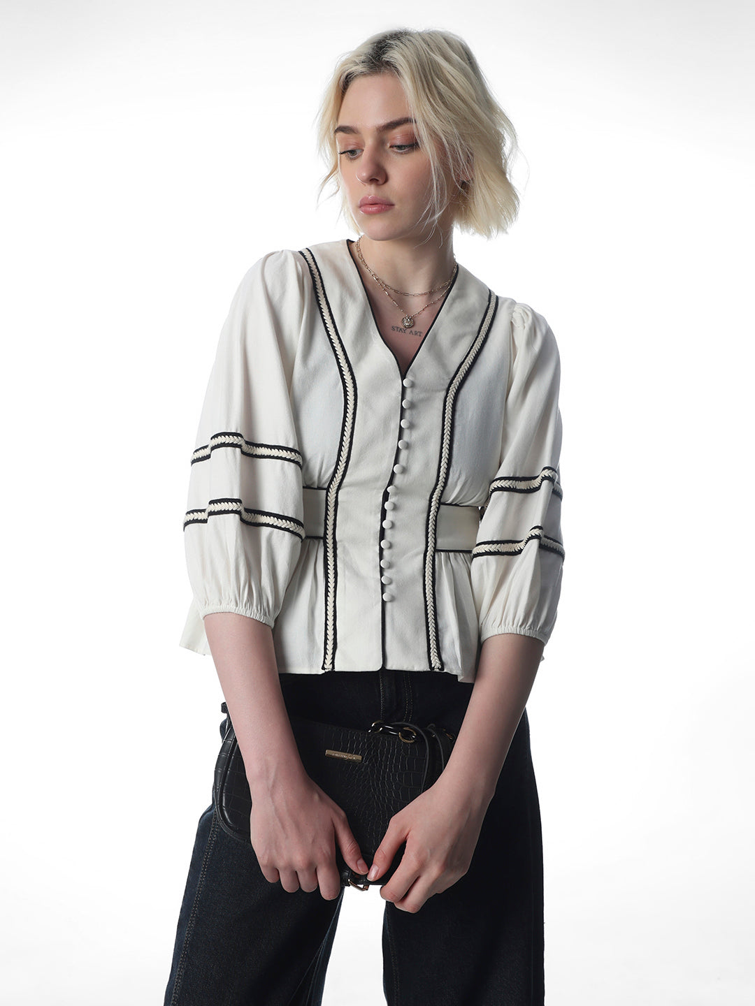 White Contrast Trim Peplum Top