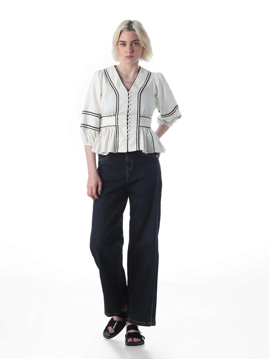 White Contrast Trim Peplum Top