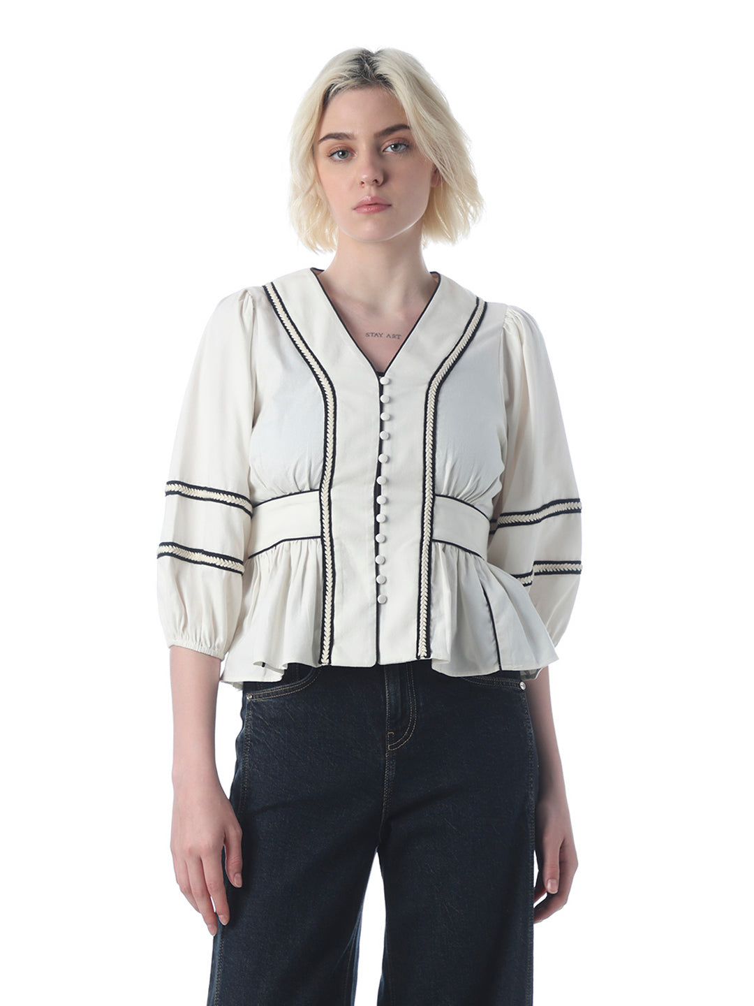White Contrast Trim Peplum Top