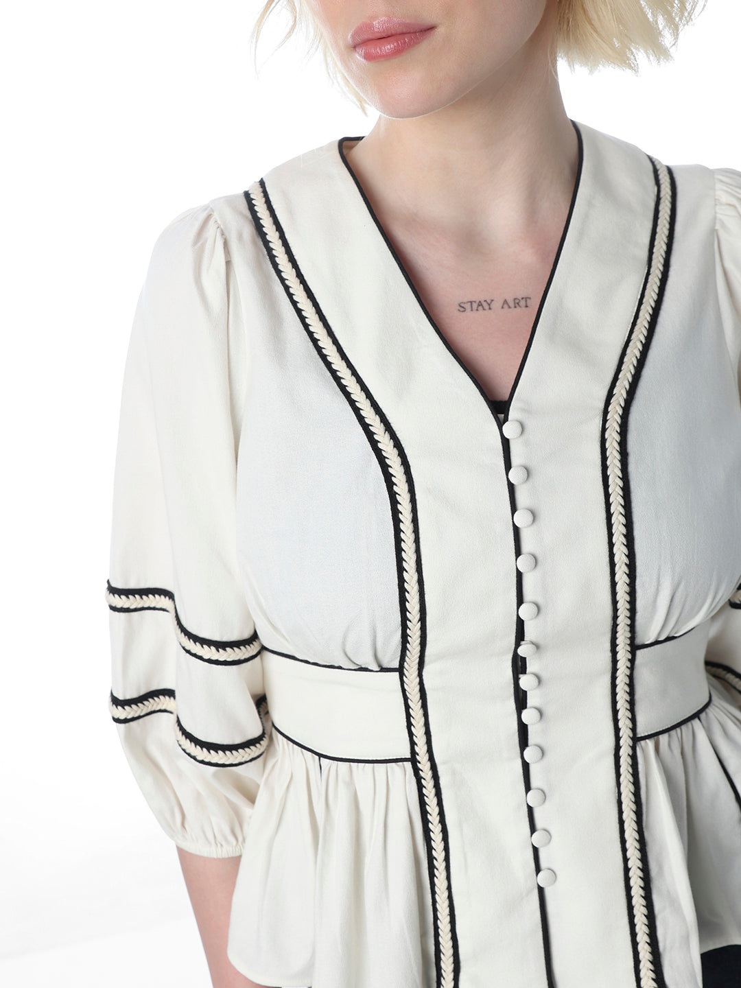 White Contrast Trim Peplum Top