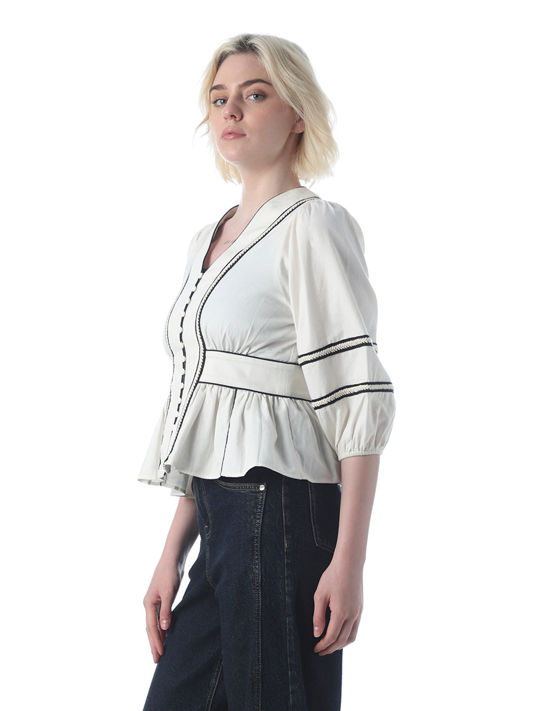 White Contrast Trim Peplum Top