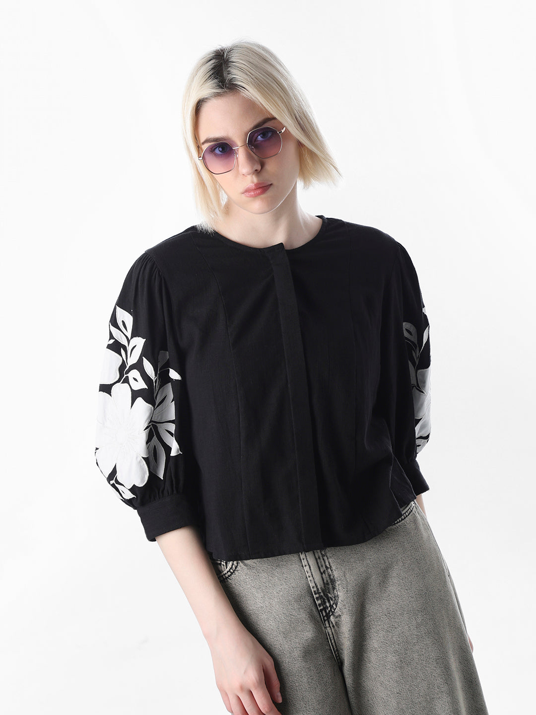 Black Embroidered Cotton Top