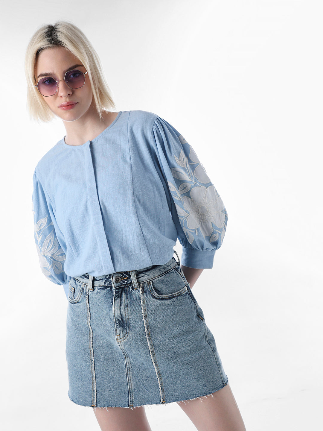 Blue Embroidered Cotton Top