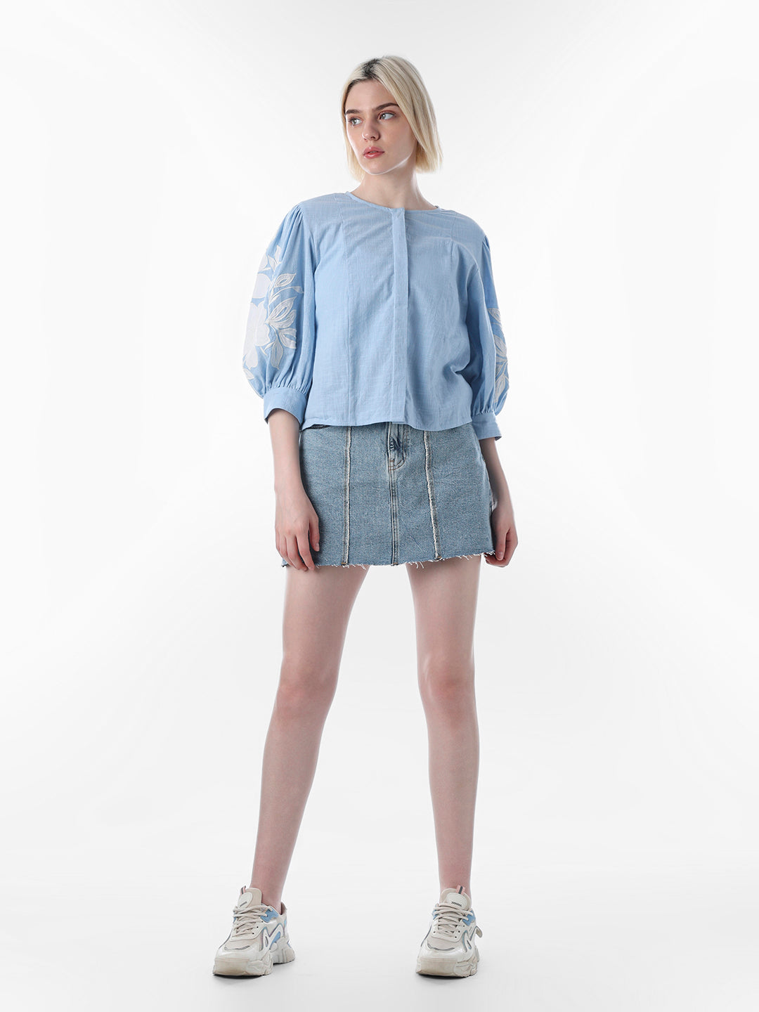 Blue Embroidered Cotton Top