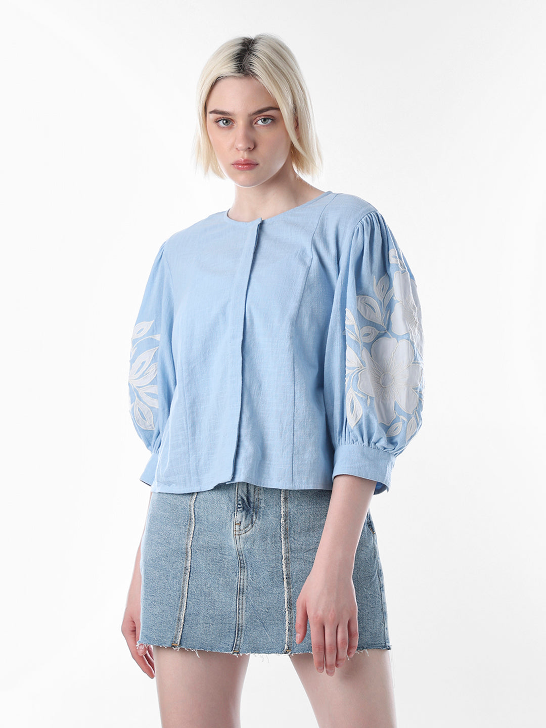 Blue Embroidered Cotton Top