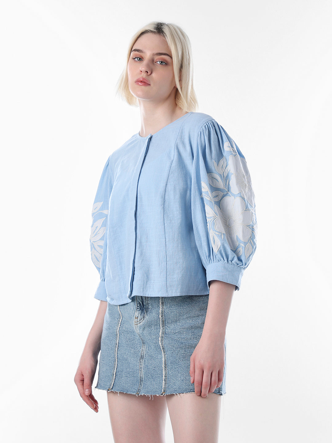 Blue Embroidered Cotton Top