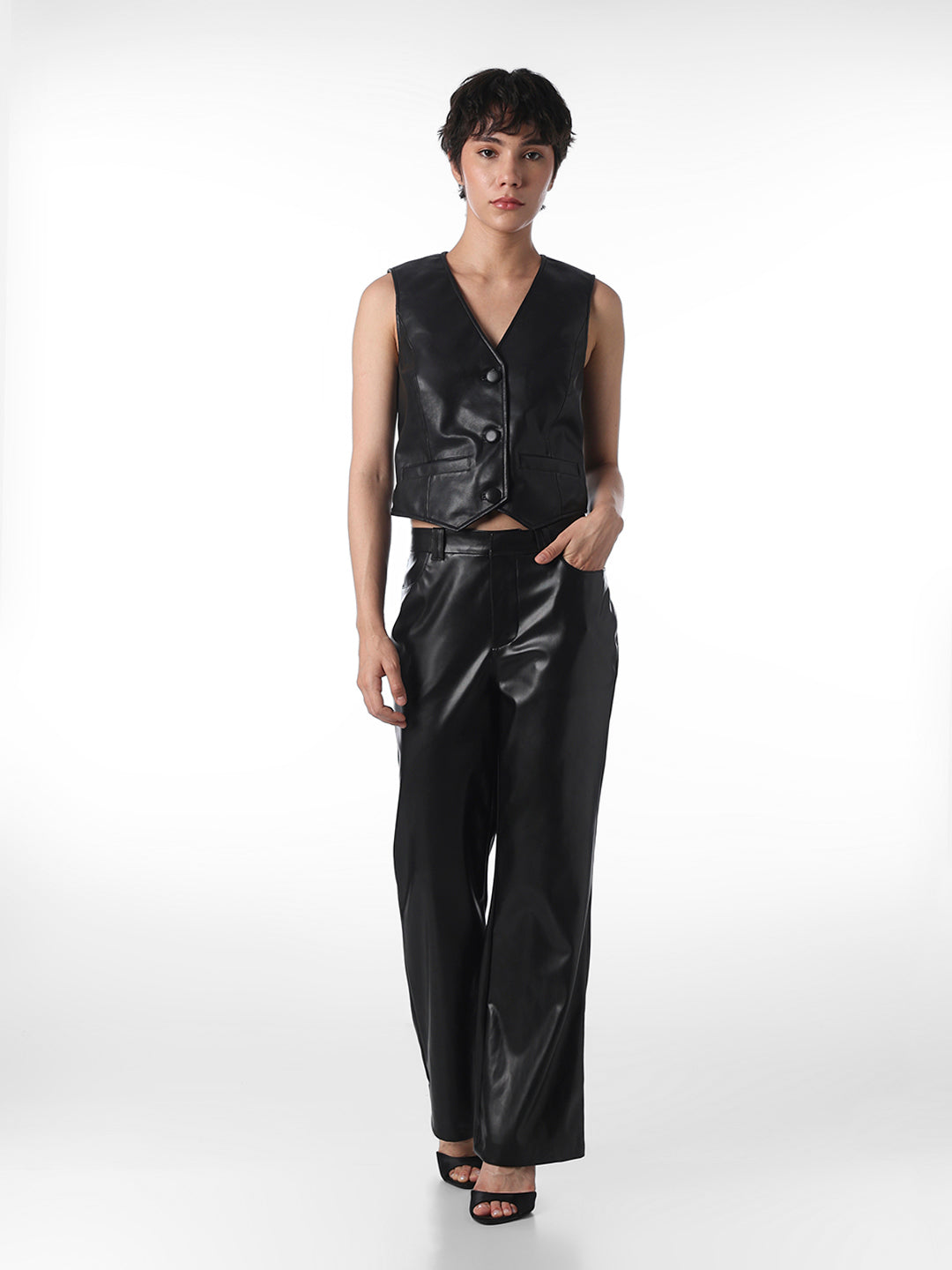 Black Faux Leather Waistcoat