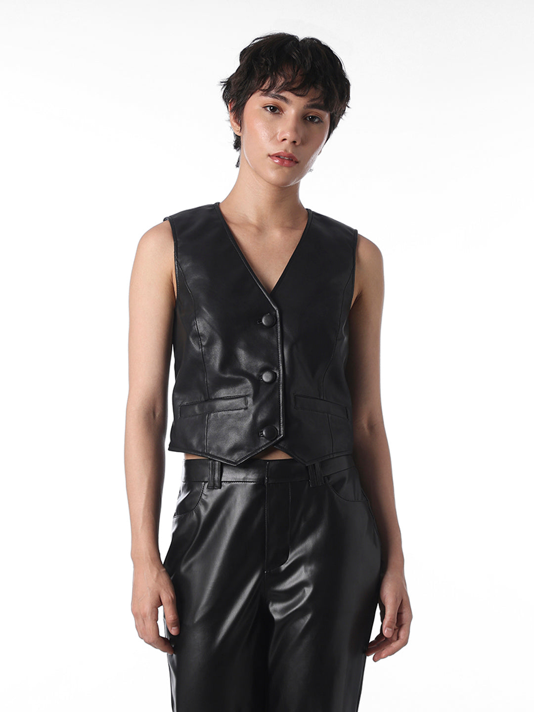 Black Faux Leather Waistcoat