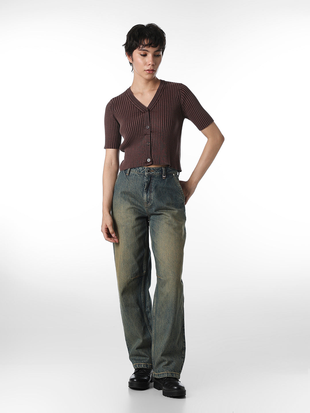 Brown Ribbed Knitted Top