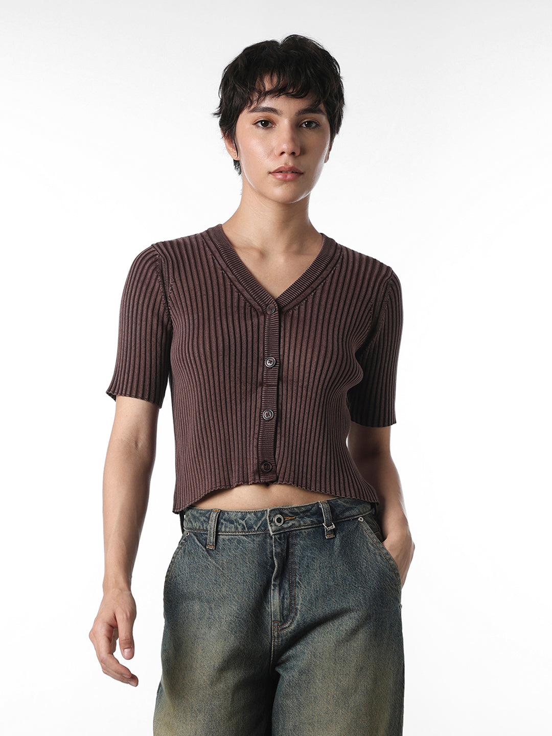 Brown Ribbed Knitted Top