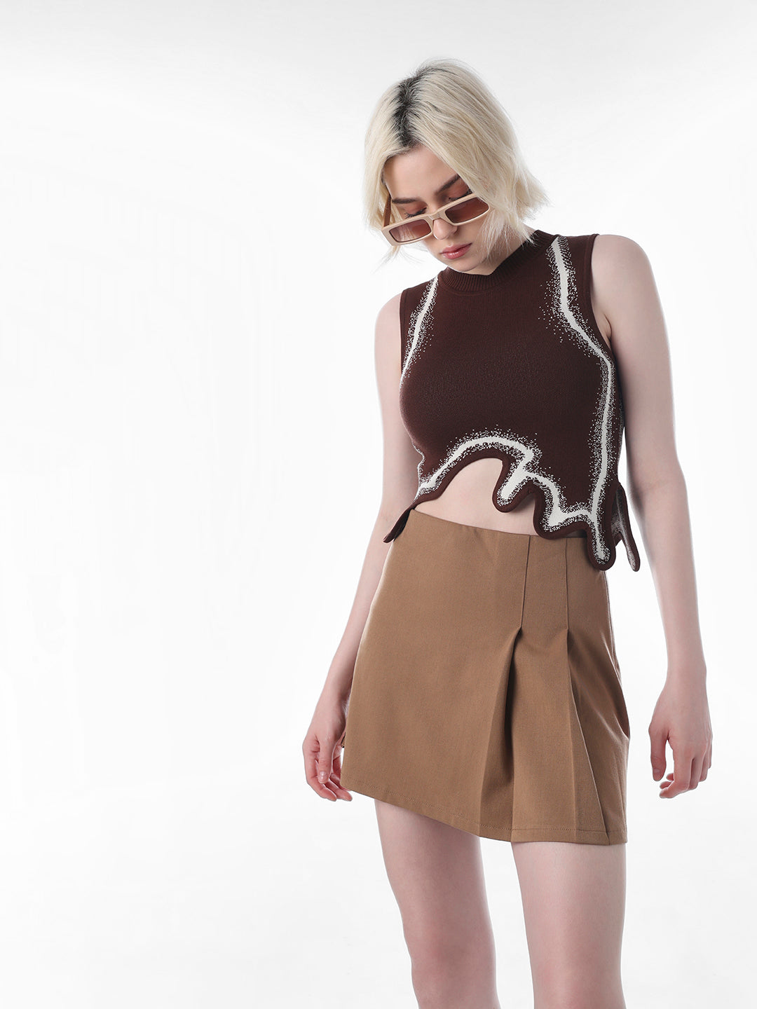 Dusky Brown asymmetrical Top with Black Legging Set