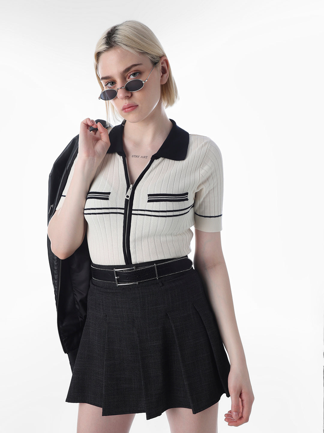 White Ribbed Knit Polo