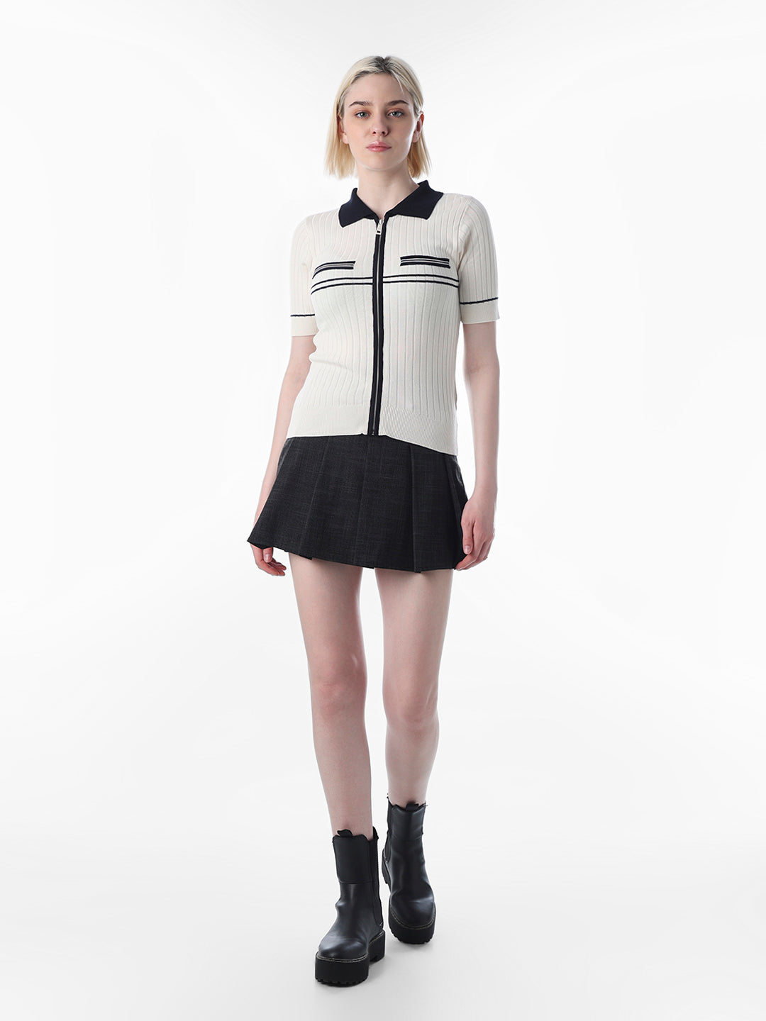 White Ribbed Knit Polo