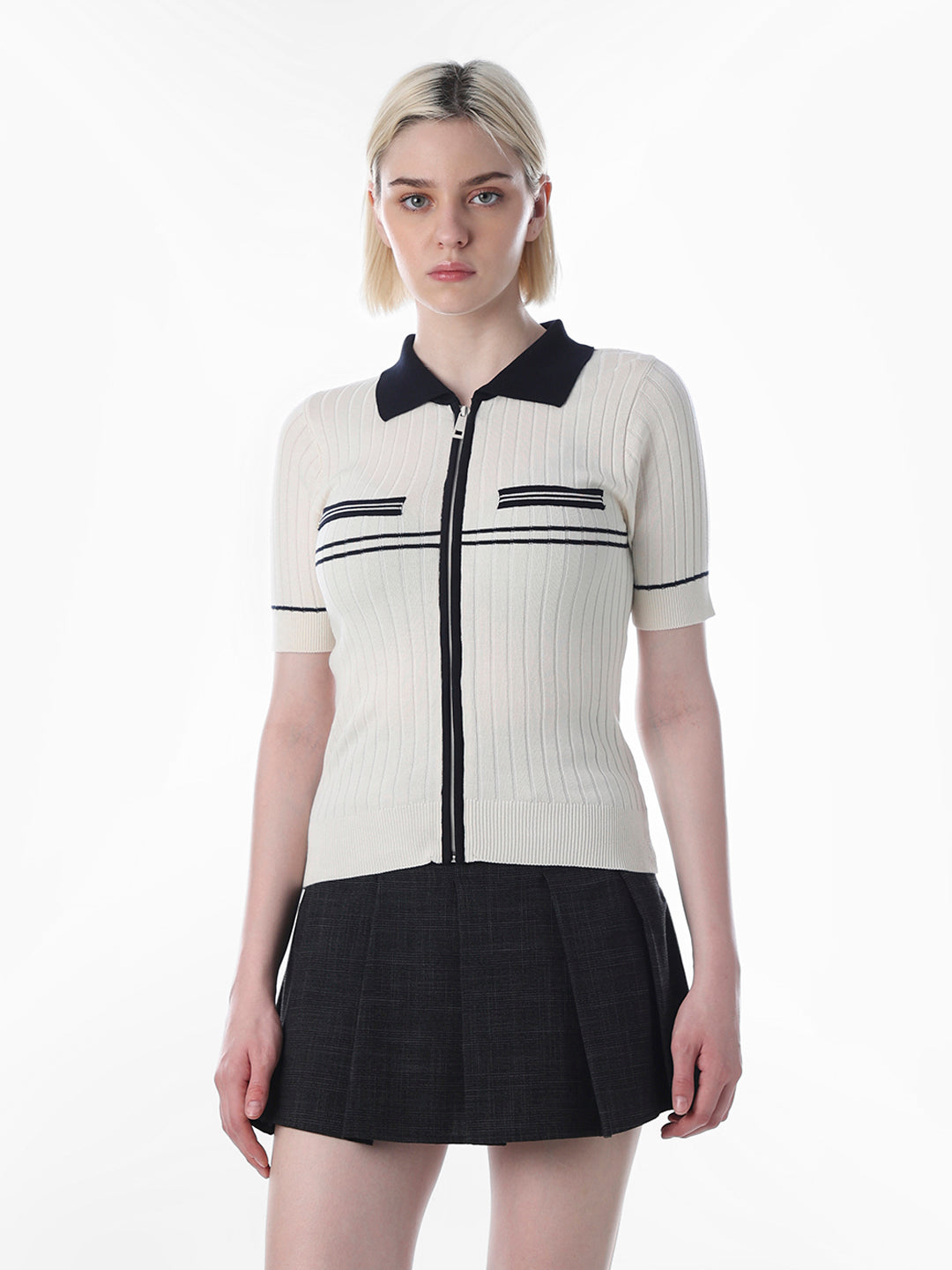 White Ribbed Knit Polo