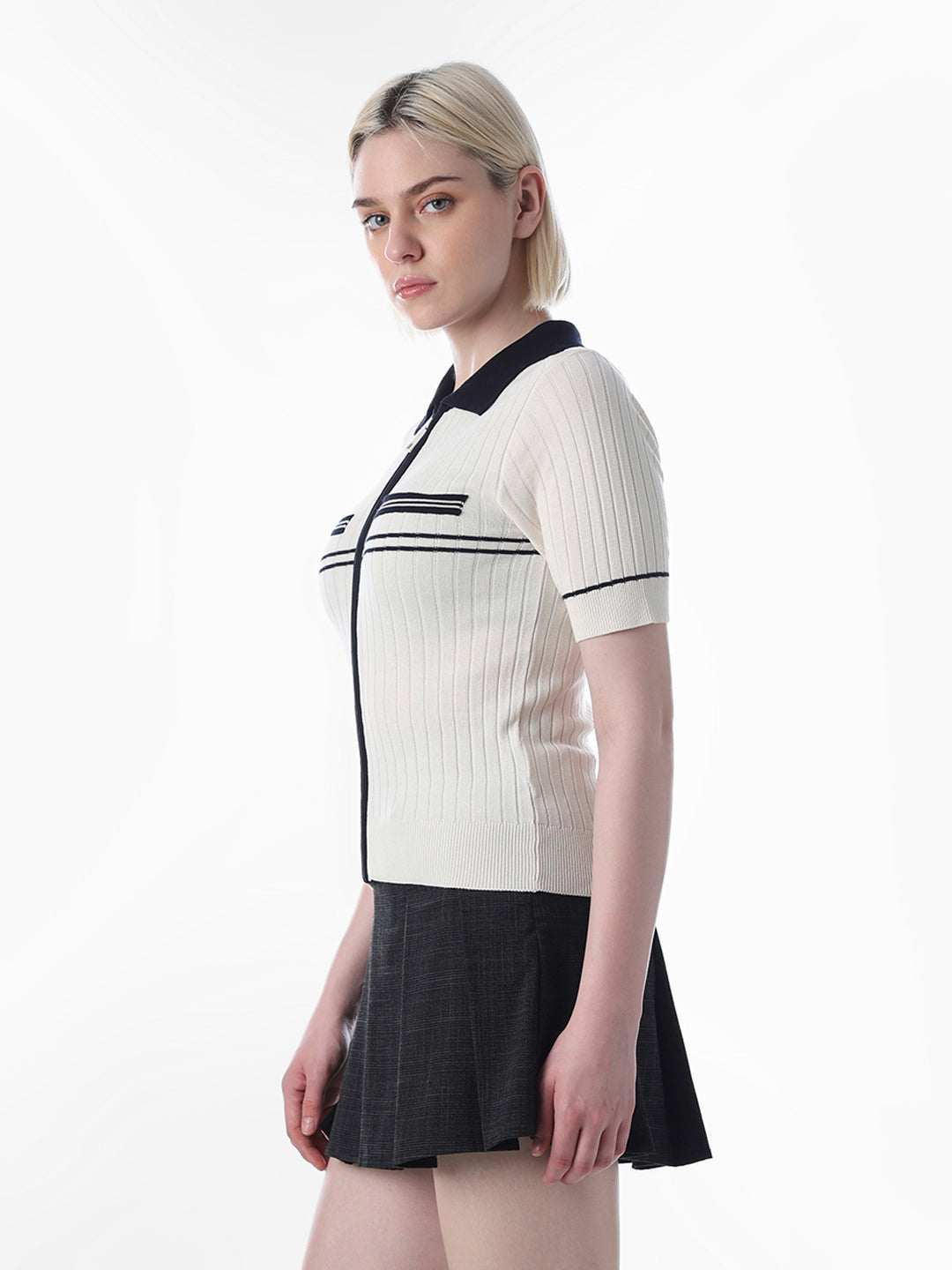 White Ribbed Knit Polo