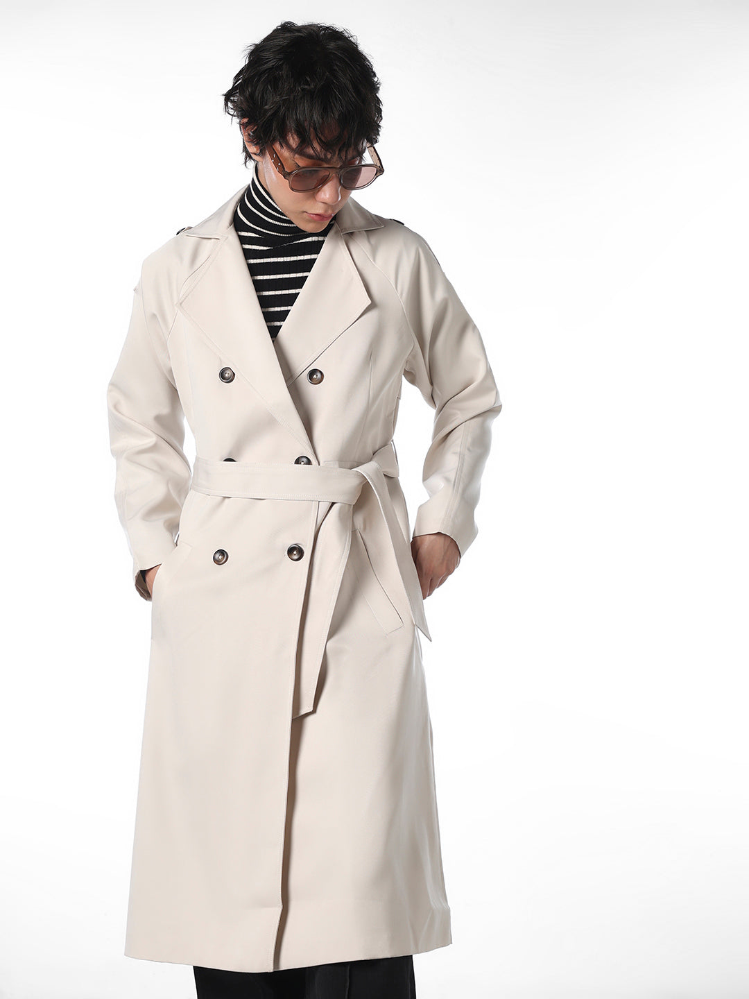 White Long Tie-Belt Coat