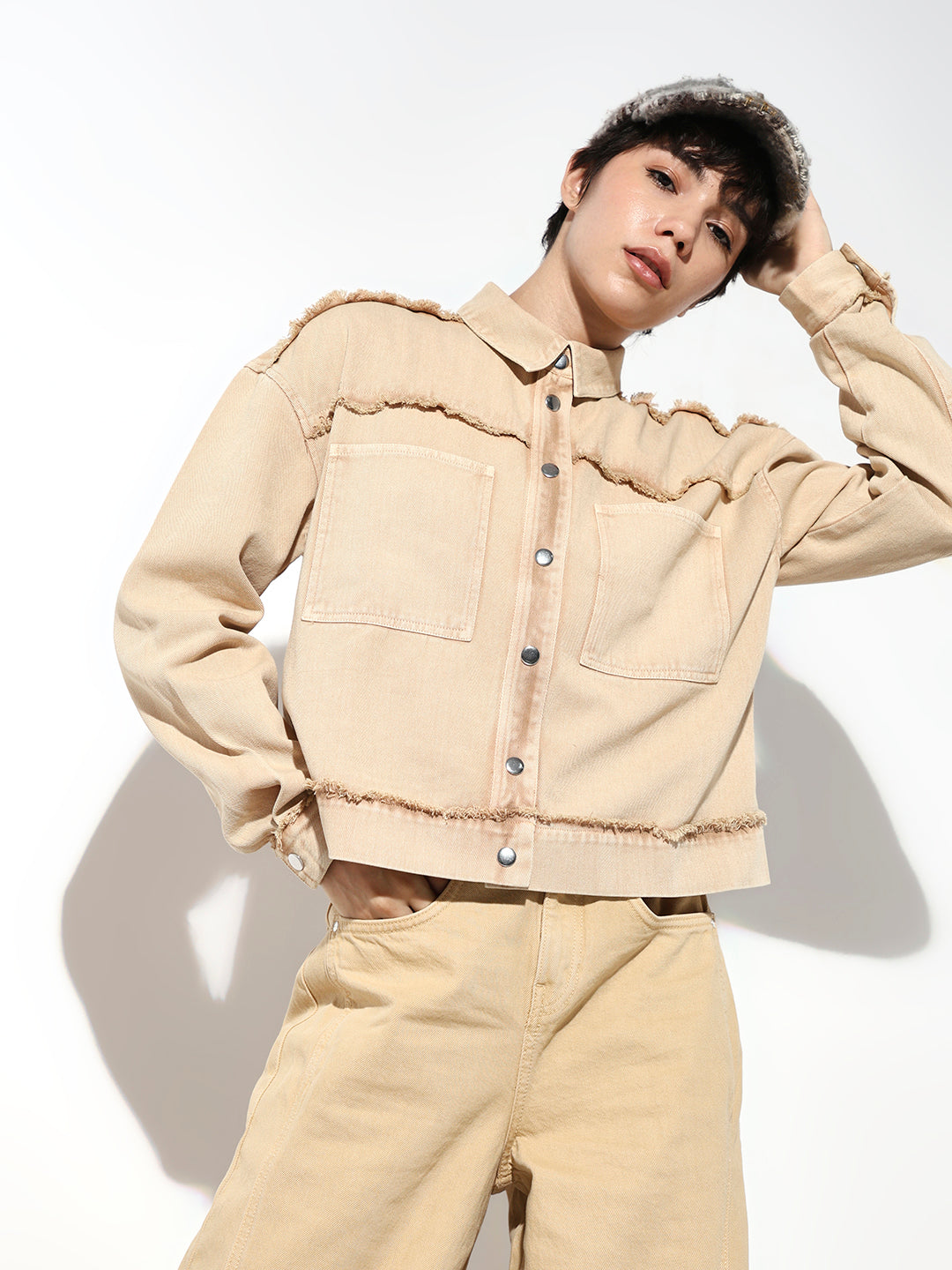 Beige Cotton Cropped Denim Jacket