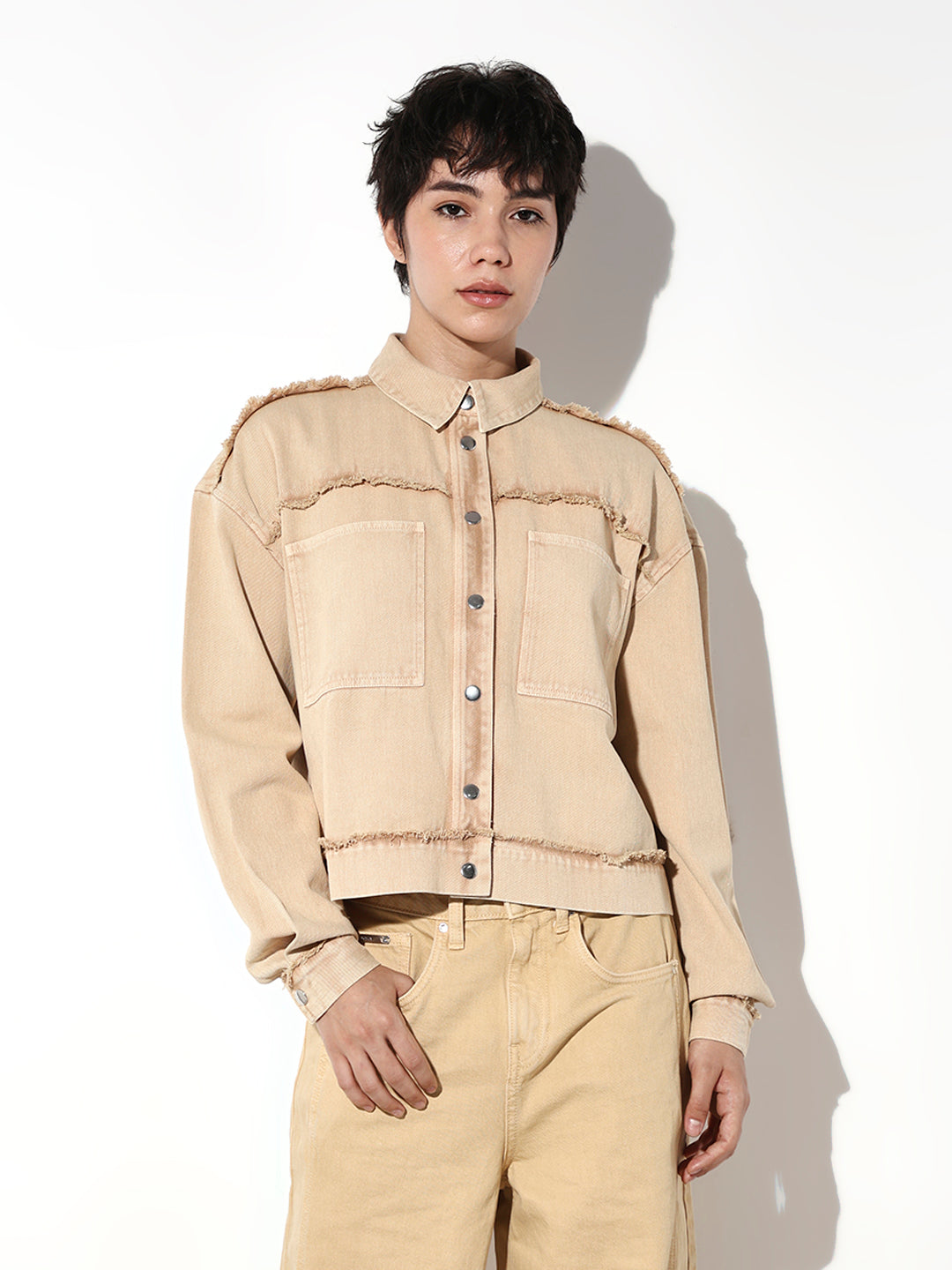 Beige Cotton Cropped Denim Jacket