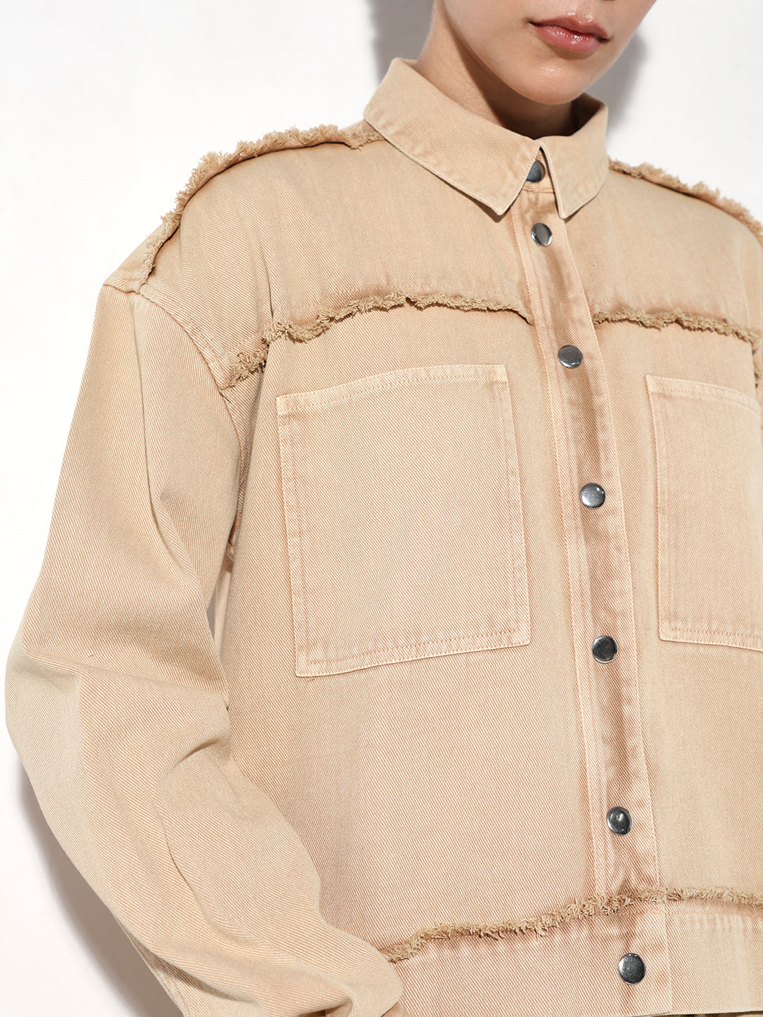 Beige Cotton Cropped Denim Jacket