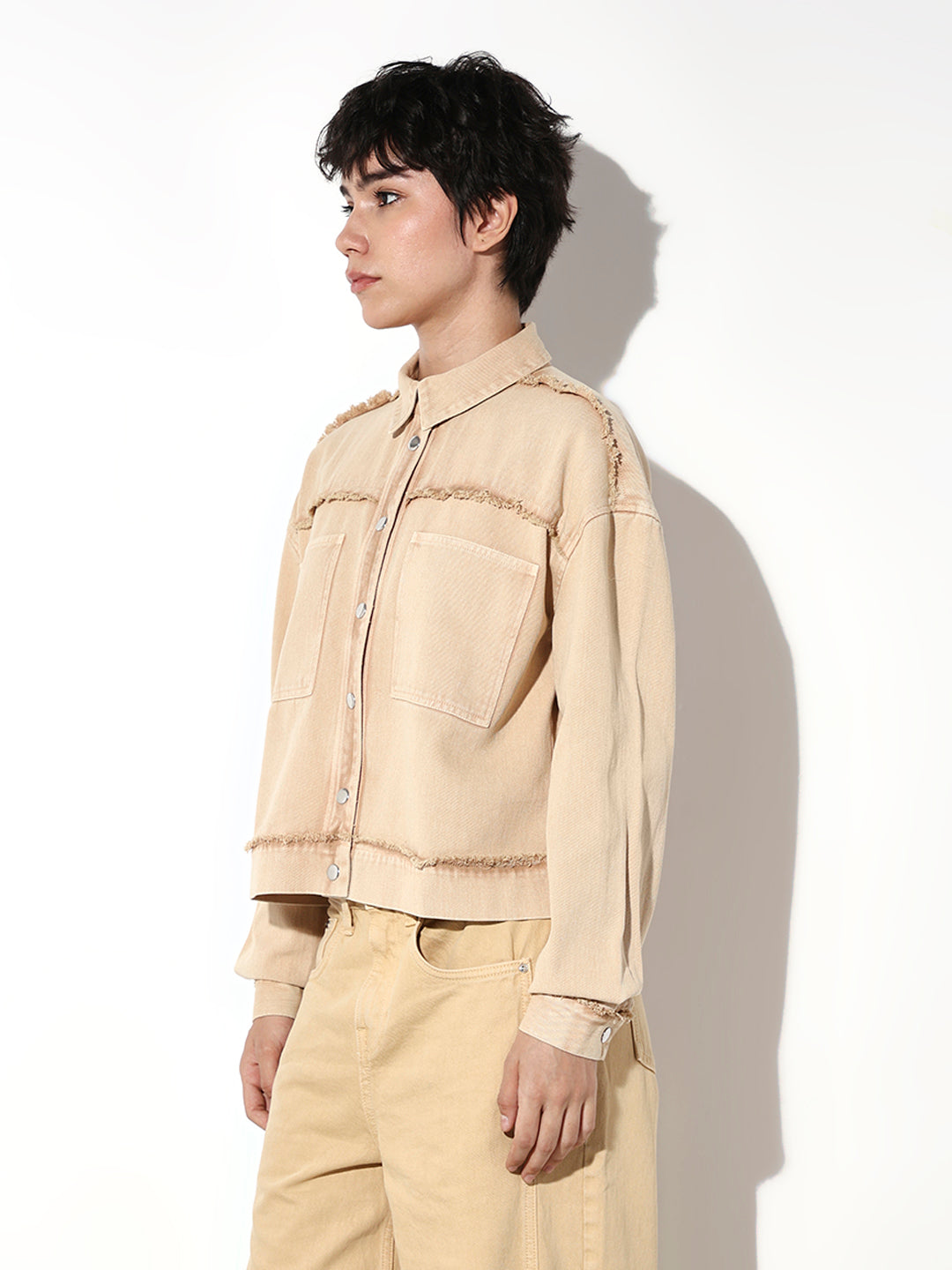 Beige Cotton Cropped Denim Jacket