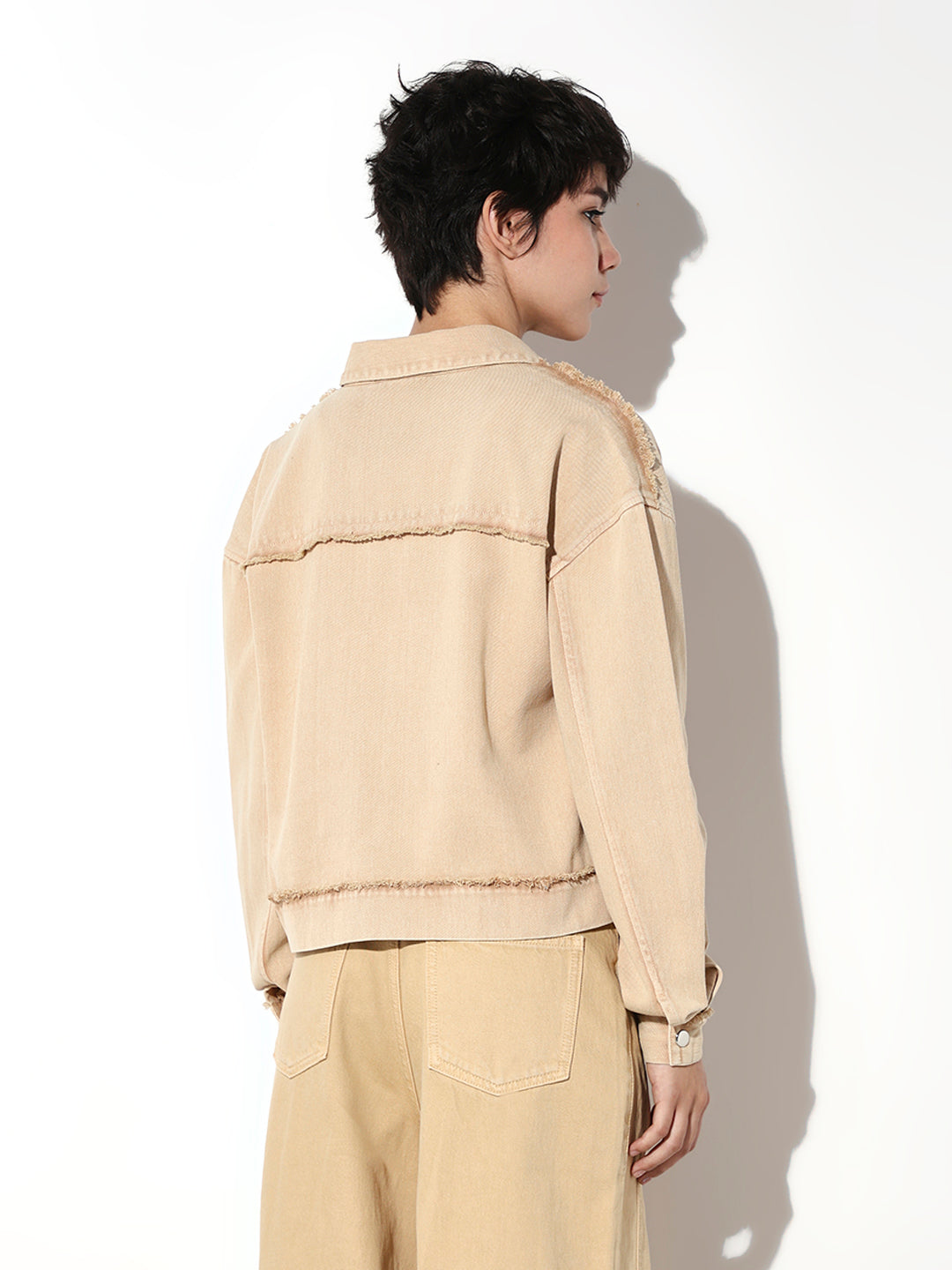 Beige Cotton Cropped Denim Jacket