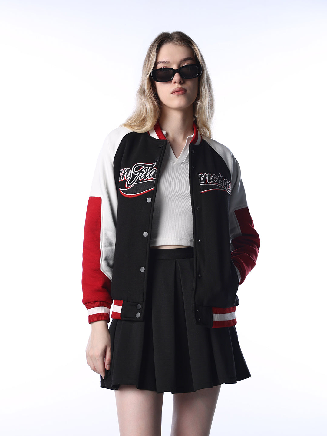 Black Colourblocked Varsity Bomber Jacket