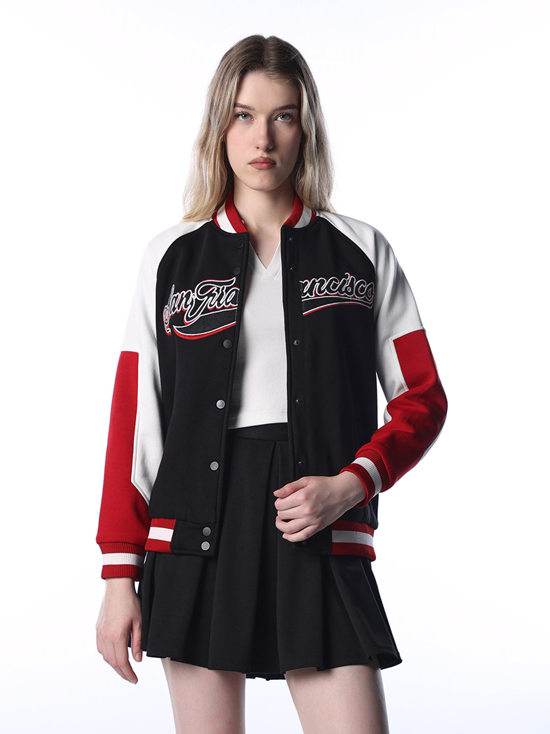 Black Colourblocked Varsity Bomber Jacket