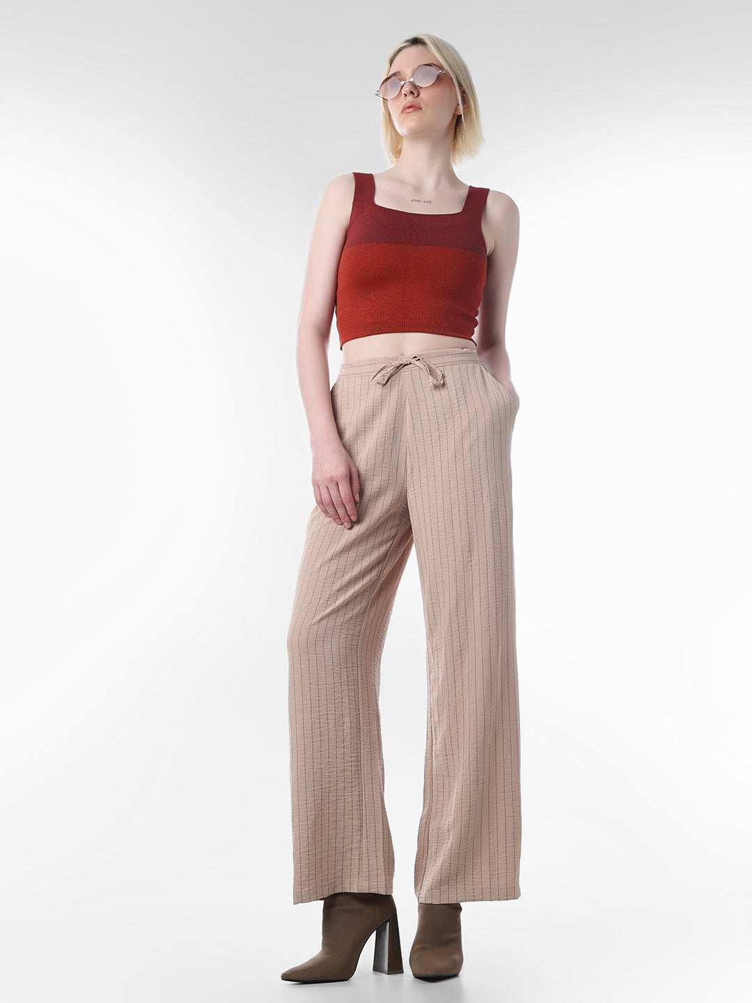 Brown Striped Regular Fit Pants